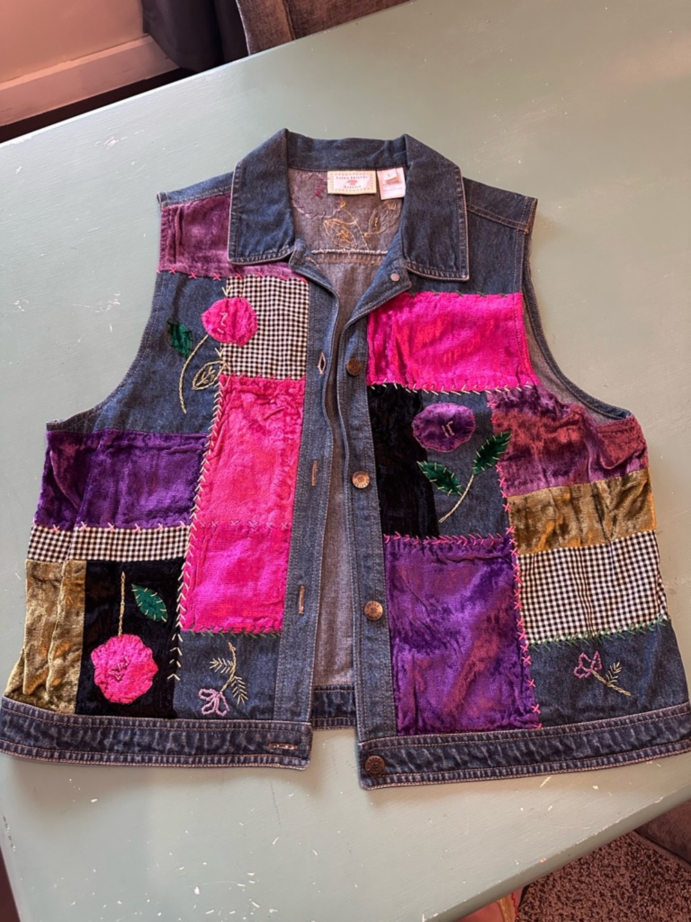 Susan Bristol Embroidered Patchwork Denim Vest - Pink & Purple Velvet Panels